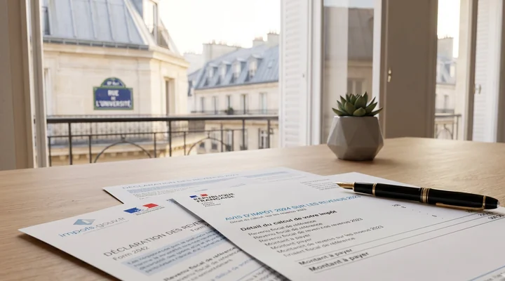 Documents fiscaux français sur un bureau avec vue sur Paris